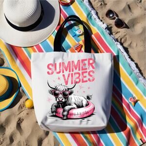 Summer Vibes Highland Cow Tubing Beach Tote Bag